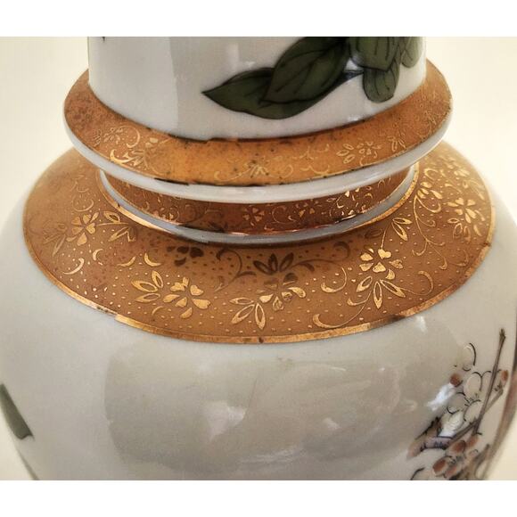 GINGER JAR/JAPAN-Cherry Blossoms-Bird-Gold Tone Trim-Cream Color-Lid-Shelf Decor - Picture 7 of 14